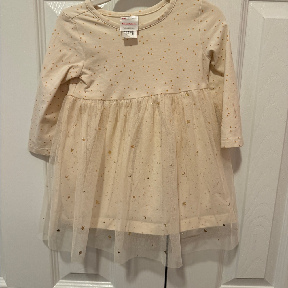 Hanna Andersson Cream Long Sleeve Dress with Gold Stars 18-24M EUC